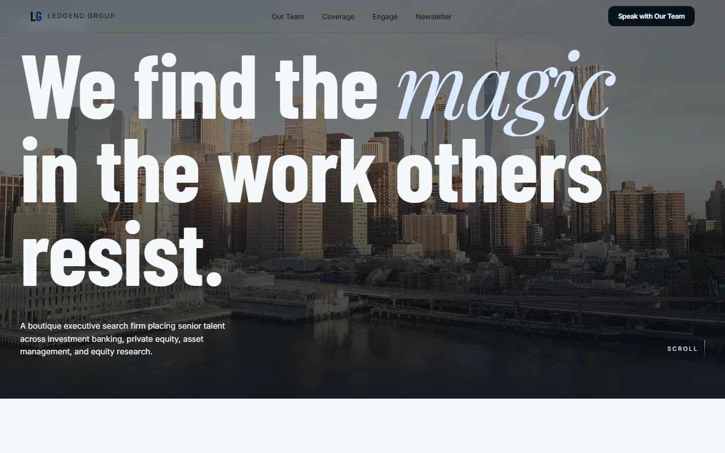 Ledgend Group executive search firm website with NYC skyline hero and editorial italic typography